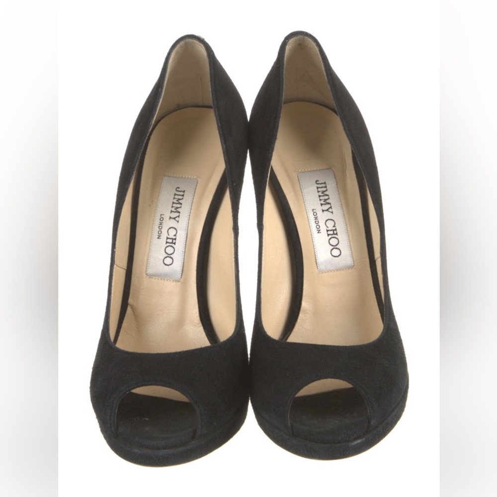 JIMMY CHOO Black Suede Peep-Toe Pumps Heels Sandals Size 37